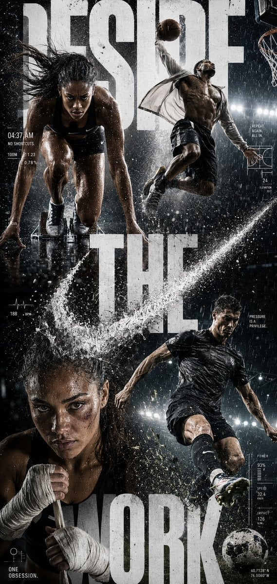 Create a hyper-realistic global sportswear campaign poster titled: "D…