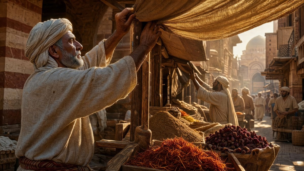 A bustling 14th-century Egyptian spice market at early morning, eye-level perspective. The scene is framed in…