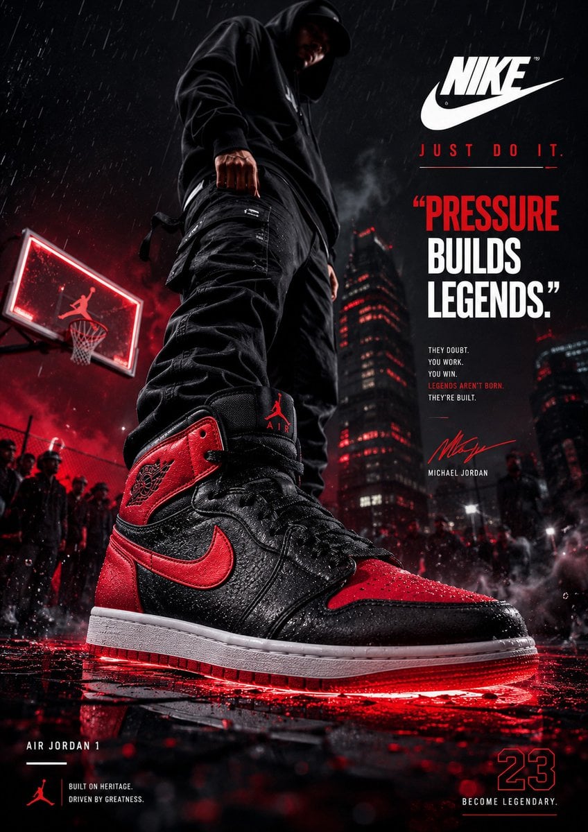 Create an ultra-premium footwear advertising poster designed by a wor…