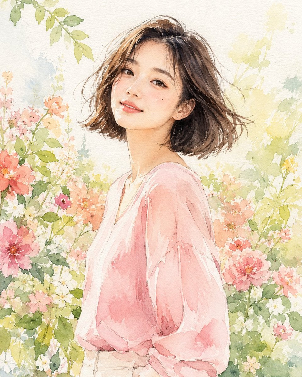Fashion editorial watercolor portrait illustration of a young Korean…