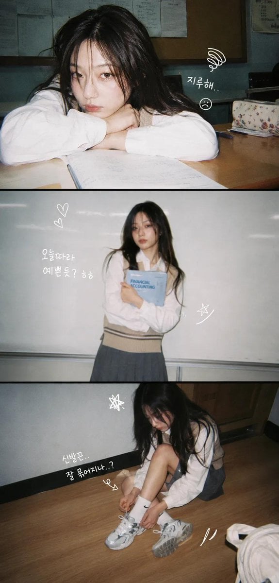A vertical 3-panel college photo strip. The subject is a girl with lo…