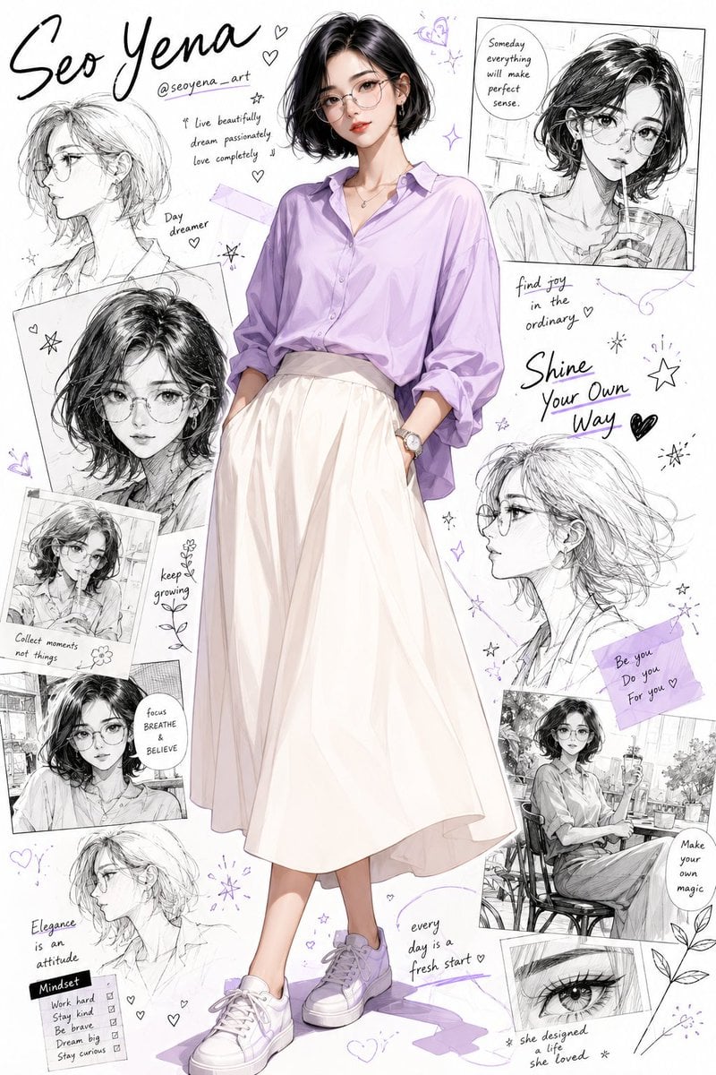 Semi-realistic anime-inspired portrait of a stylish young Korean woma…