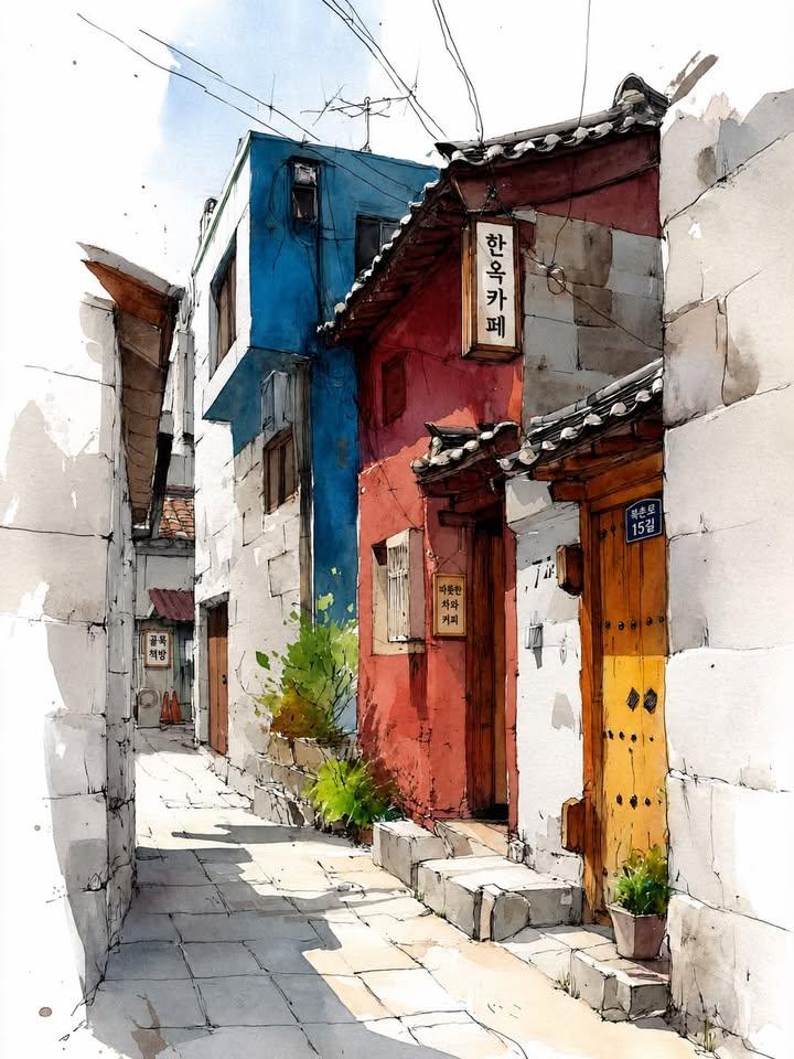 Watercolor urban sketch, narrow alley in traditional Korean hanok vil…