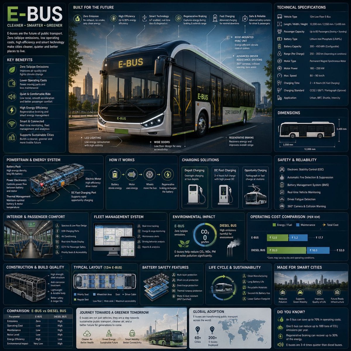 Create a premium square “reference-style sustainable transportation infographic” centered around a futuristic…