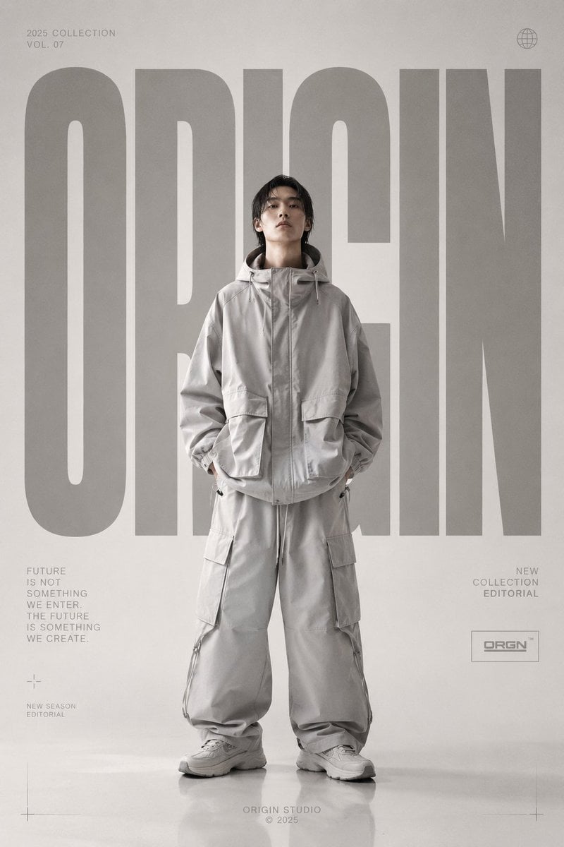Premium high-fashion editorial poster for [BRAND NAME], full-body fas…