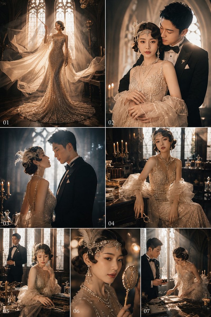 请基于用户上传的两位成年人清晰生活照，生成一张「Gatsby 风格 / 1920s Art Deco 风格」的超高预算婚纱写真。 请严格保…