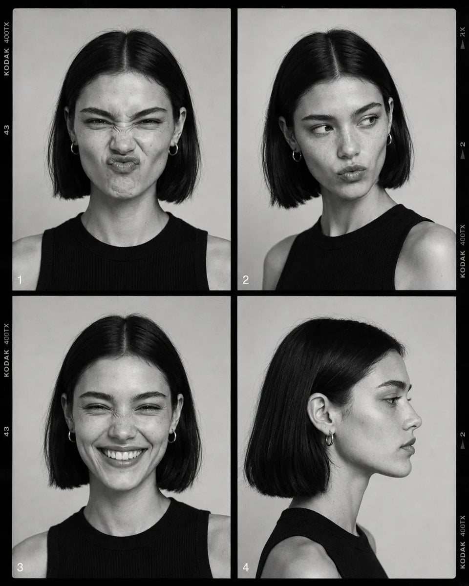 Black-and-white fashion casting contact sheet of [Human] with [Hair],…