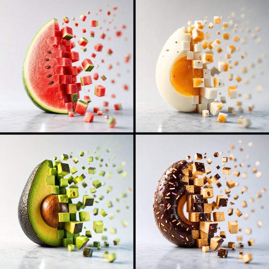 Minimalist food photograph — a single [Food] sits on a cool white hon…