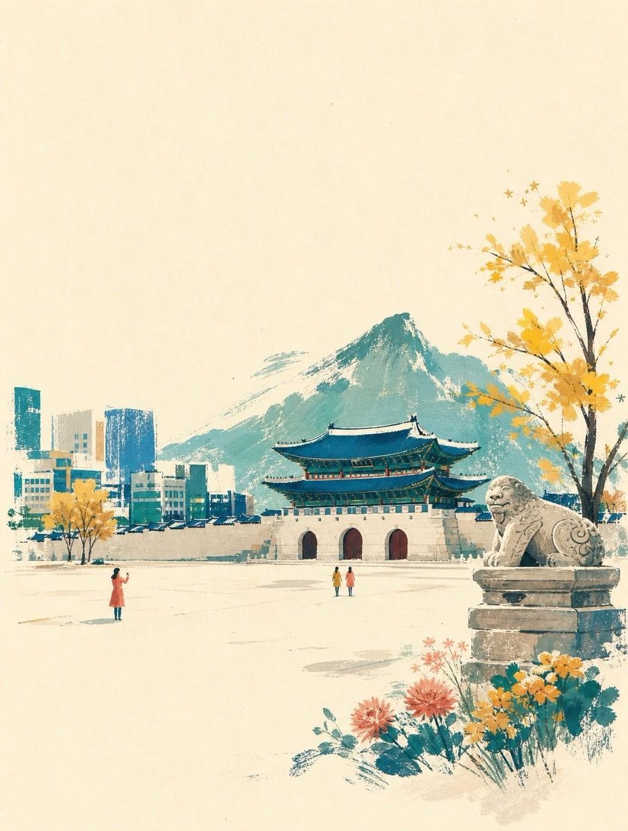 A wide horizontal landscape hand-painted illustration of [Landmark Na…