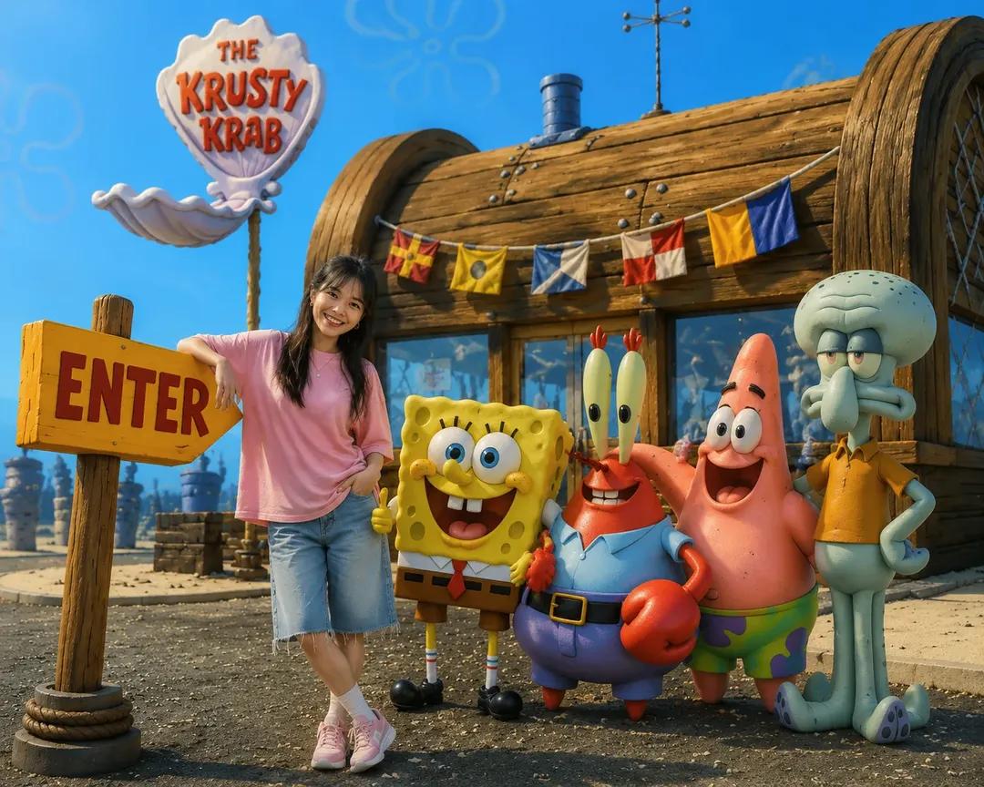 A realistic 3D live-action style photo of a cheerful young Asian woma…
