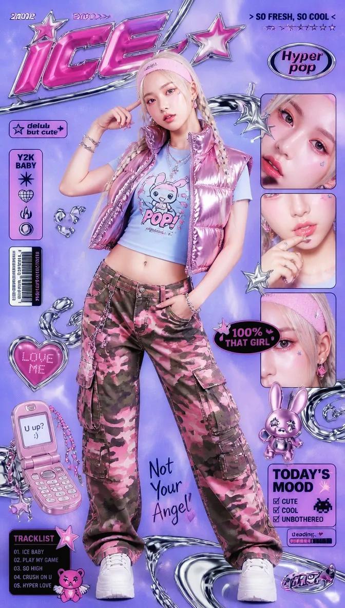 A vibrant Y2K hyper-pop aesthetic magazine cover / promotional poster…