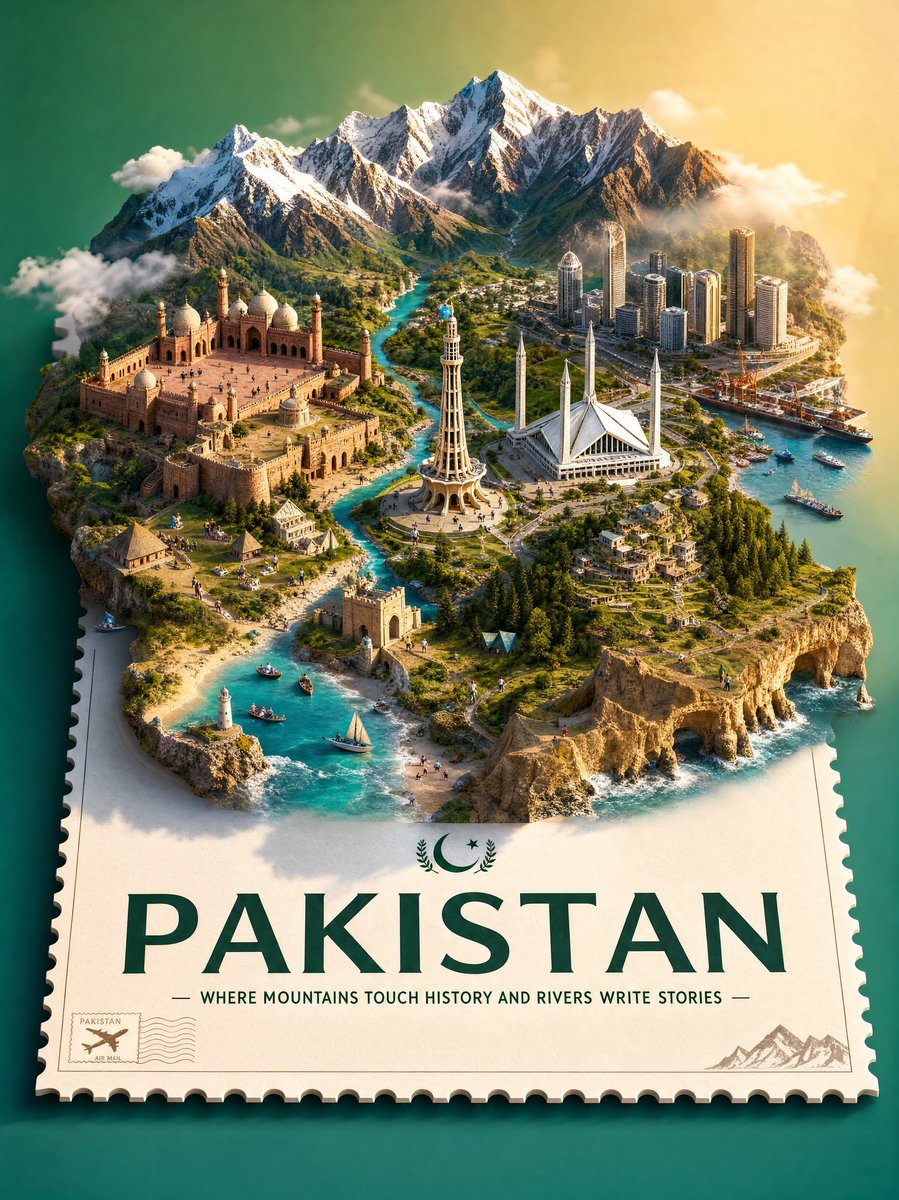 Create a premium stylized 3D isometric travel poster of Pakistan desi…