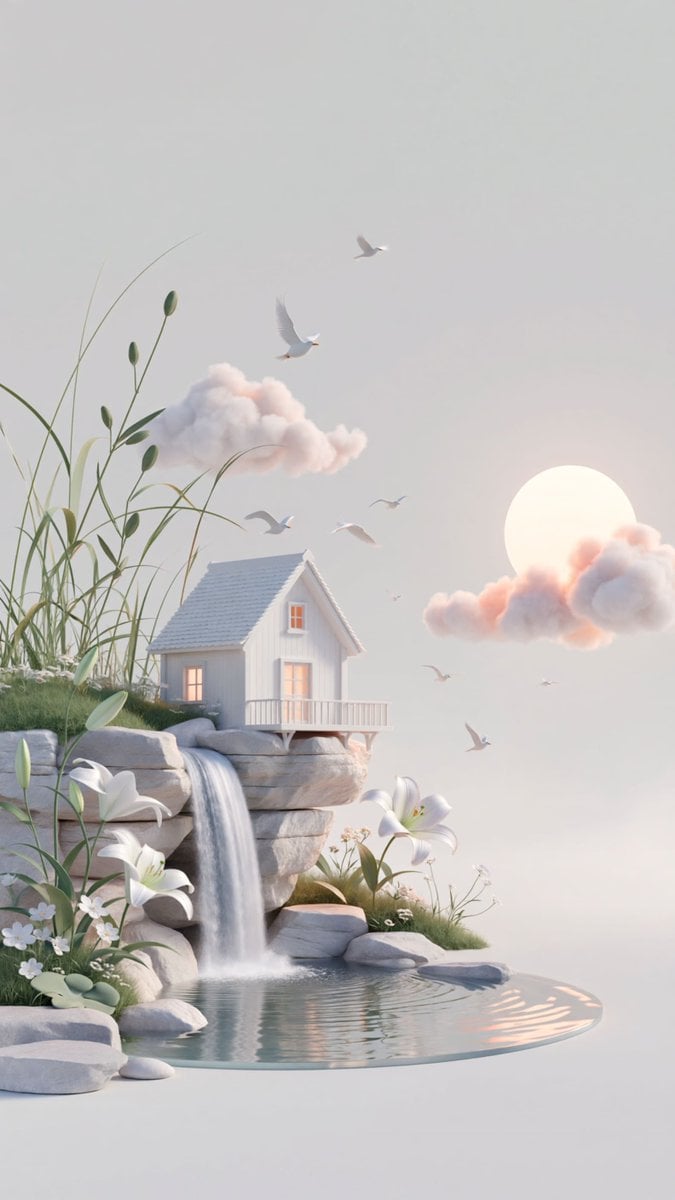 dreamy surreal 3D illustration, vertical composition with a minimalist pale gray background and most elements…