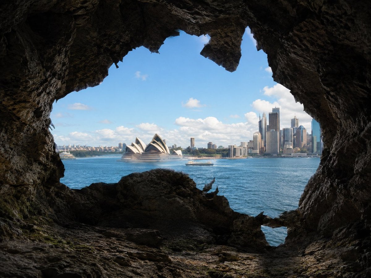 Create a photorealistic image viewed from inside a natural rocky cave…