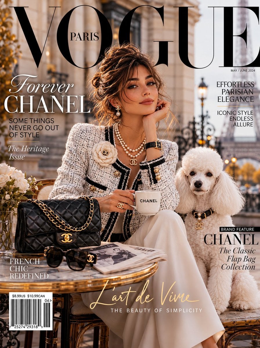 An impossibly elegant young woman in a classic Chanel tweed jacket and pearl necklace carrying the iconic Cha…
