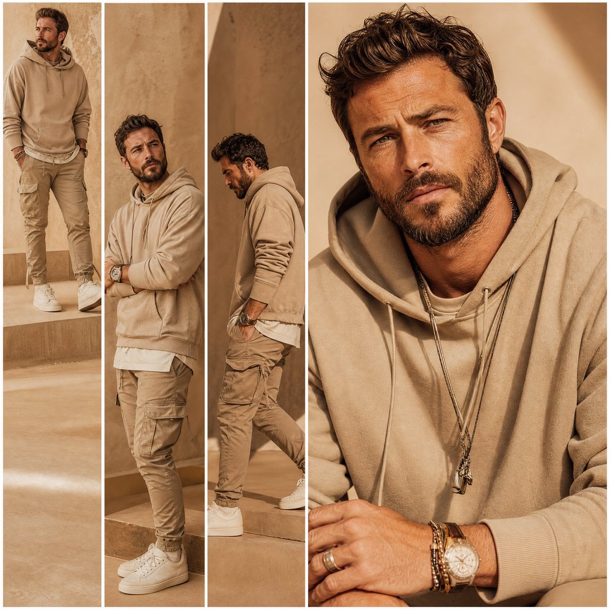 A premium fashion lookbook multi-panel collage grid featuring a styli…