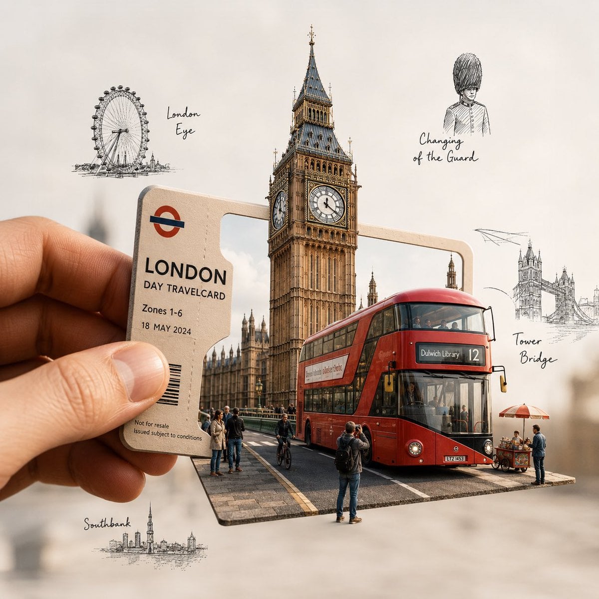 Create a highly detailed, premium travel-art illustration featuring a hand holding a [CITY-SPECIFIC TICKET/PA…