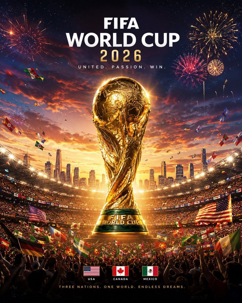FIFA World Cup 2026 official-style cinematic poster, giant golden Wor…