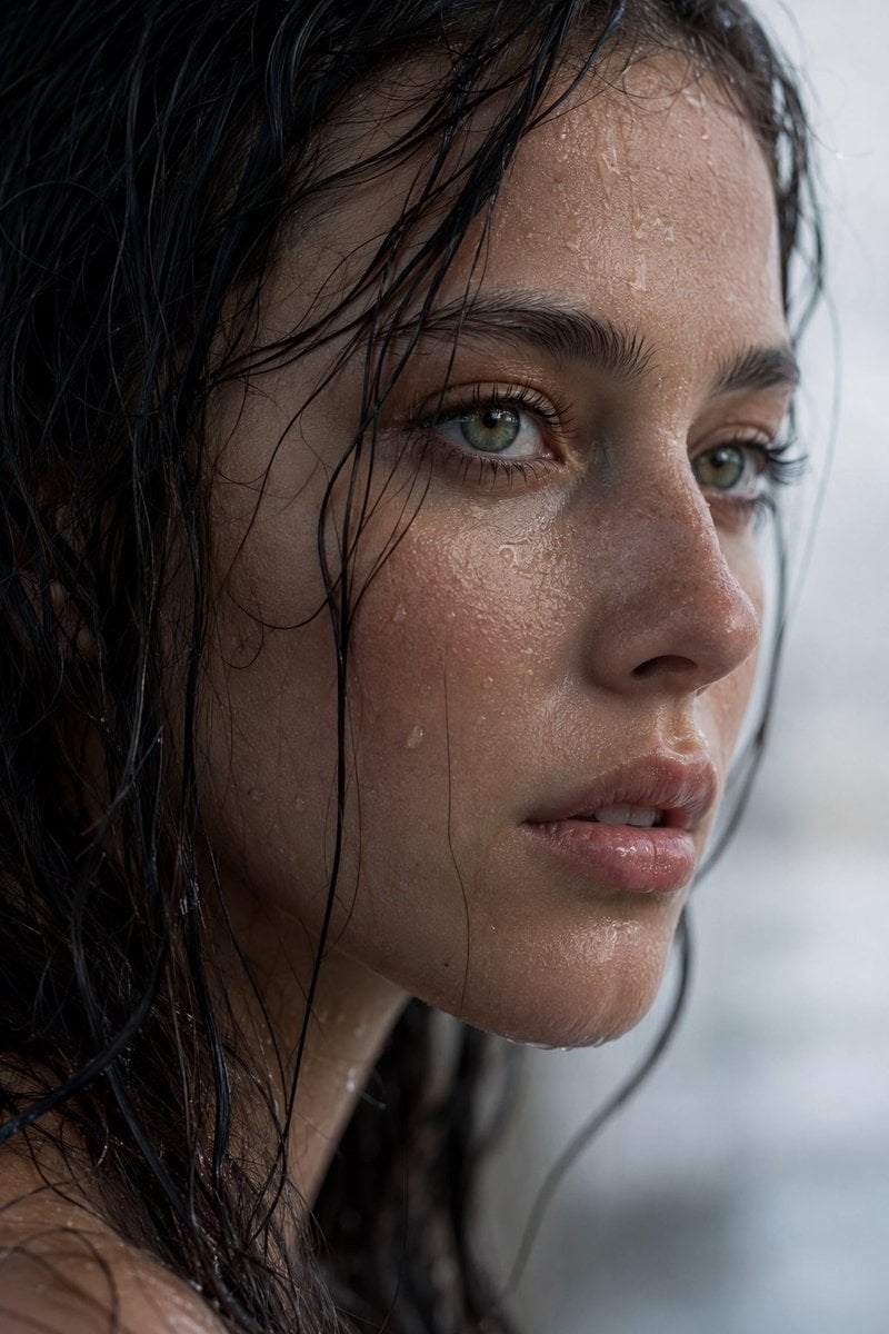 Extreme wet close-up portrait of a young woman in side profile. Dark,…