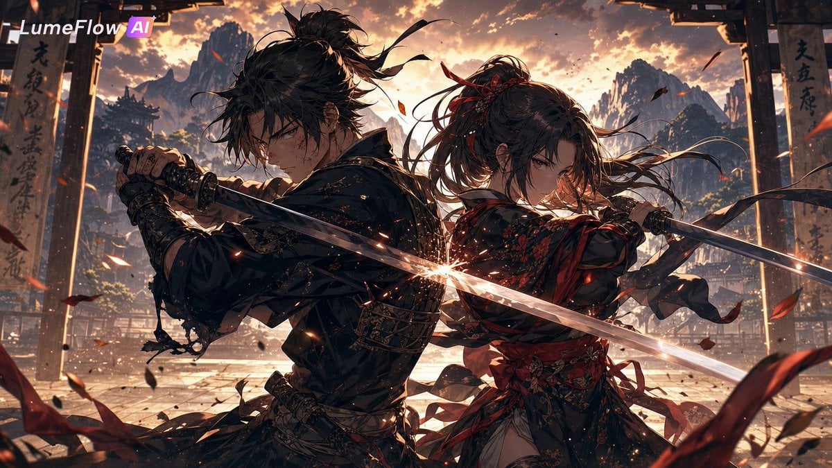 A powerful anime couple training together in a vast mountain dojo at…