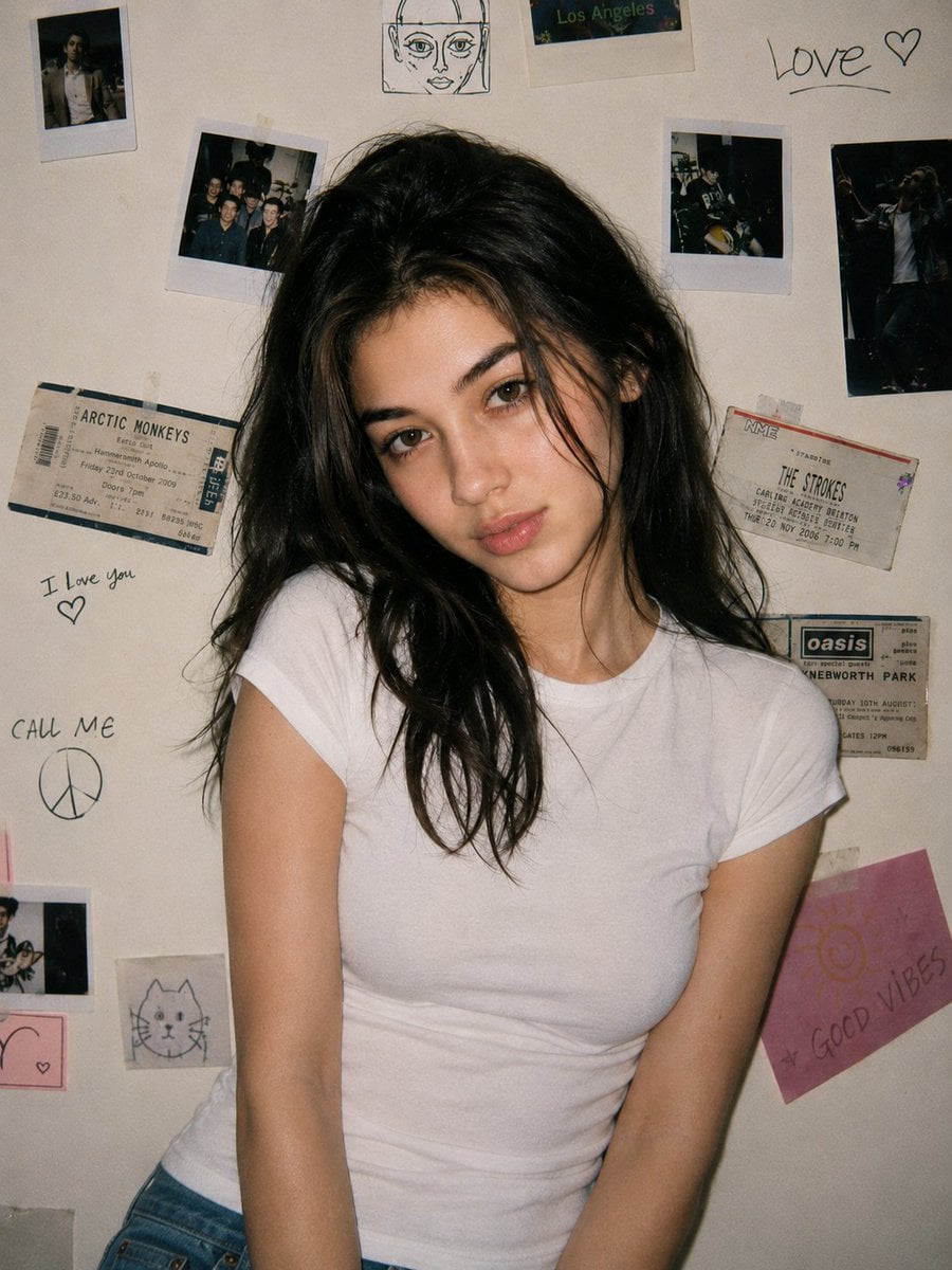 A young woman with the same unchanged face, pale soft complexion, caught in a classic 90s disposable-camera s…