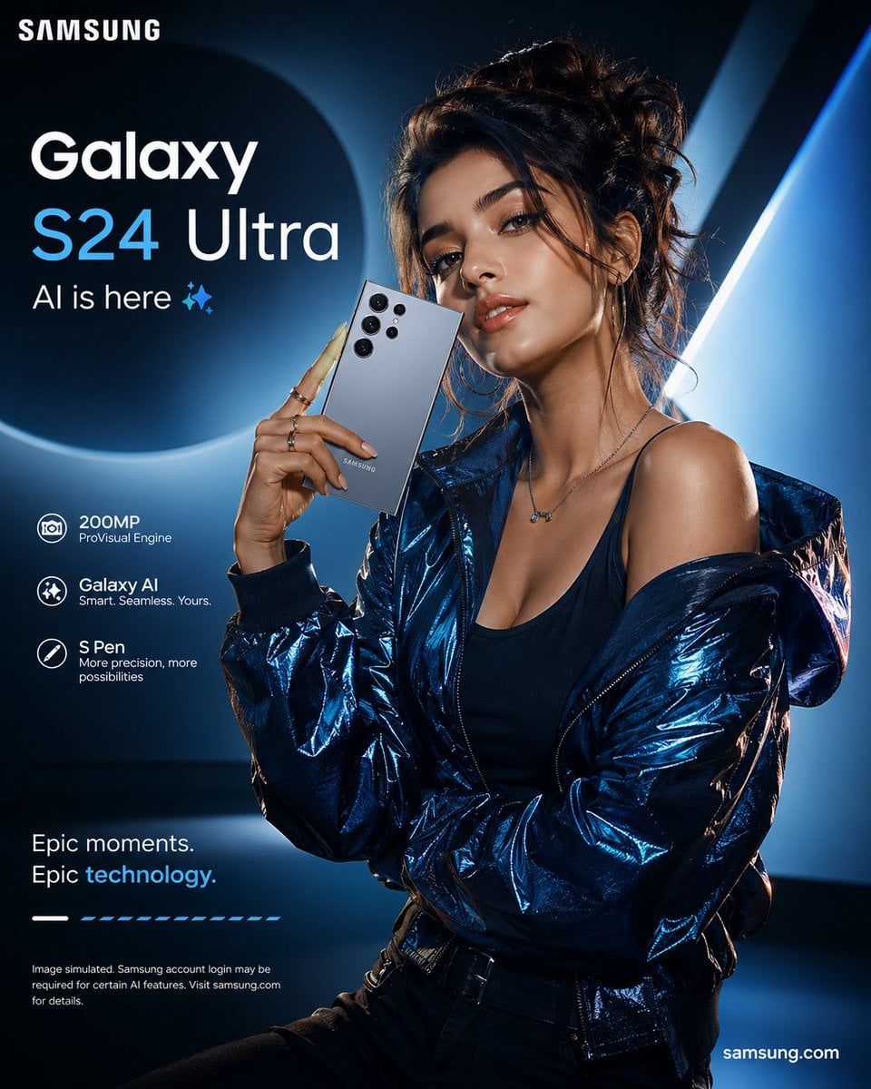 Create a premium smartphone advertising poster featuring a stylish yo…