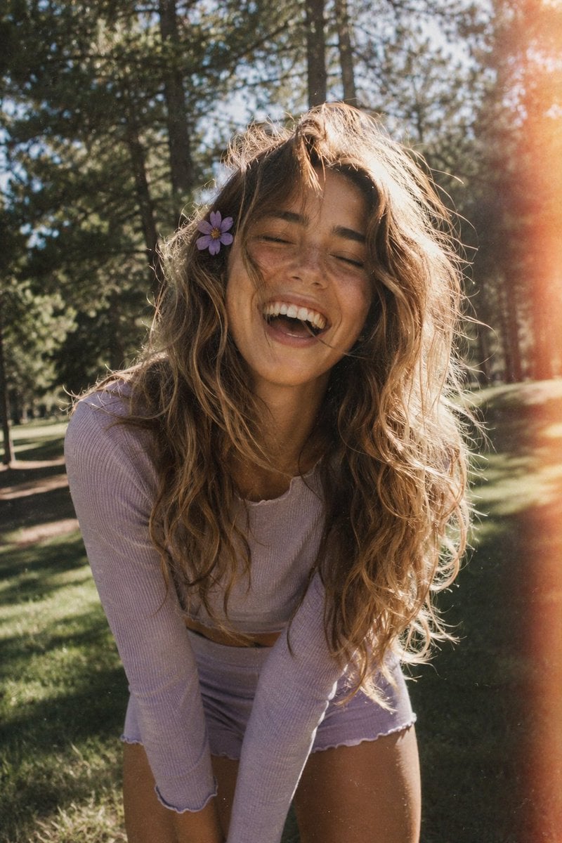 A candid, film-style portrait of a joyful young woman with long, voluminous, wavy light brown hair with blond…