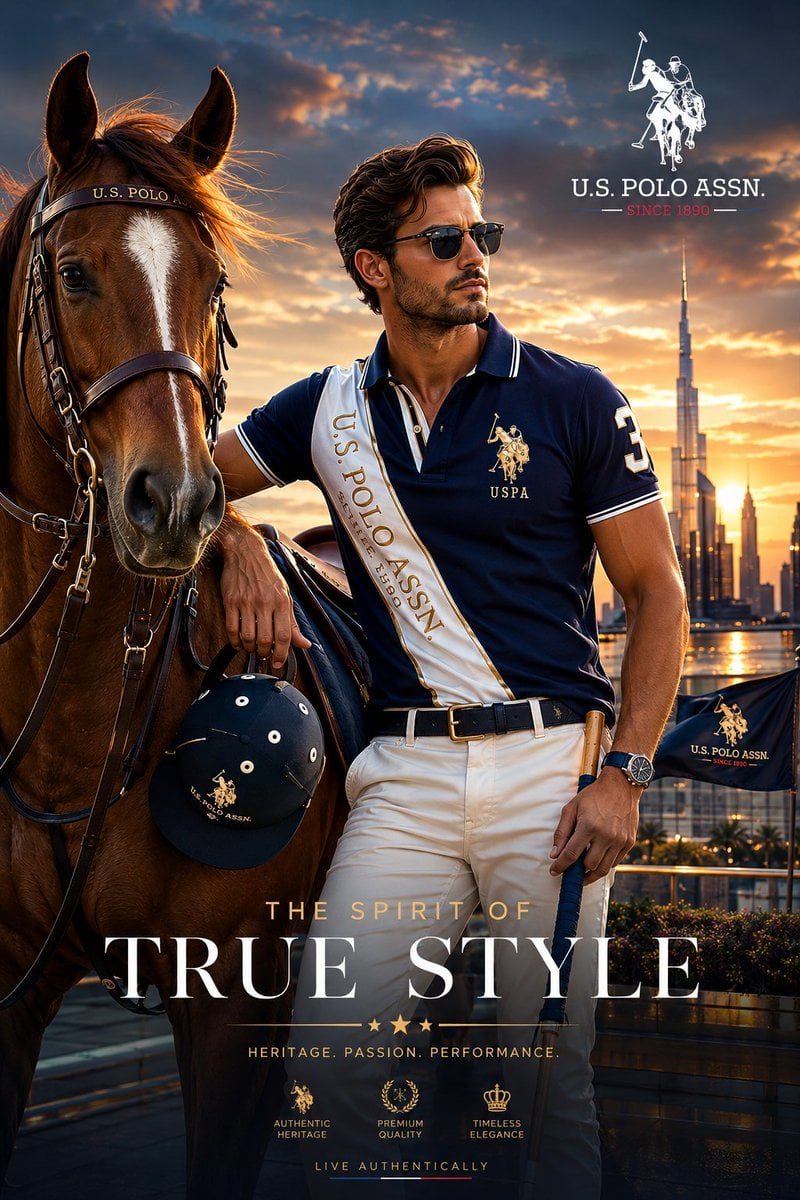 Create a premium luxury fashion campaign poster for U.S. Polo Assn. f…
