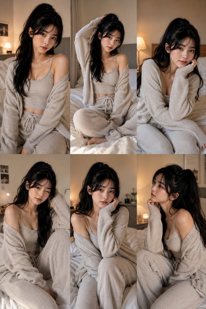 A 3×2 vertical editorial portrait collage featuring six candid lifestyle photographs of a beautiful young Eas…