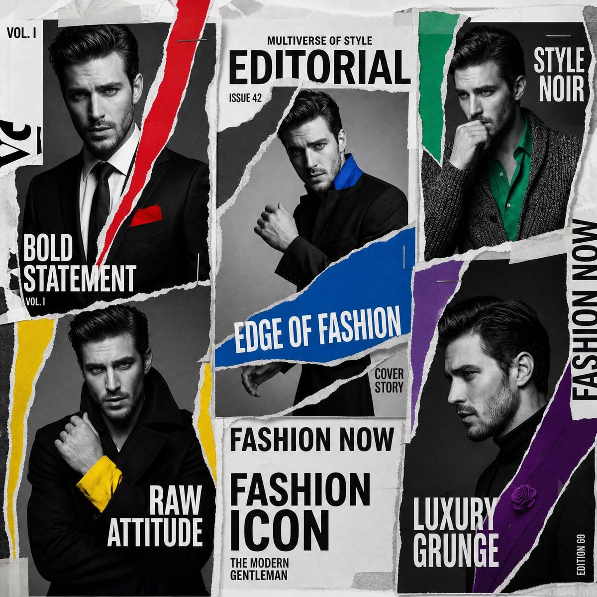 A luxury editorial multi-cover layout featuring the same male model i…