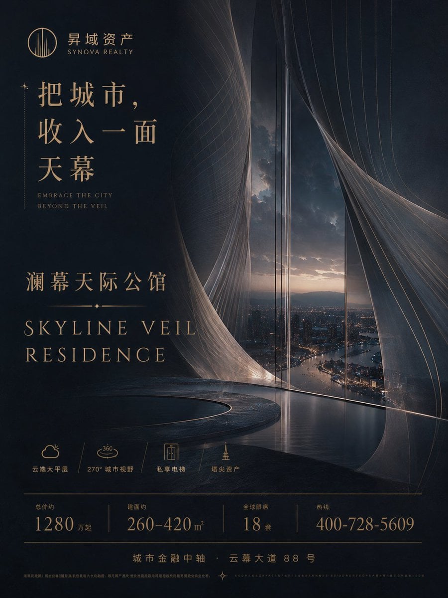 生成一张高端地产项目竖版广告海报，画面比例 3:4 或 4:5。 这是一个完全原创的 Demo 项目，请不要使用任何真实地产公司、真实楼盘…