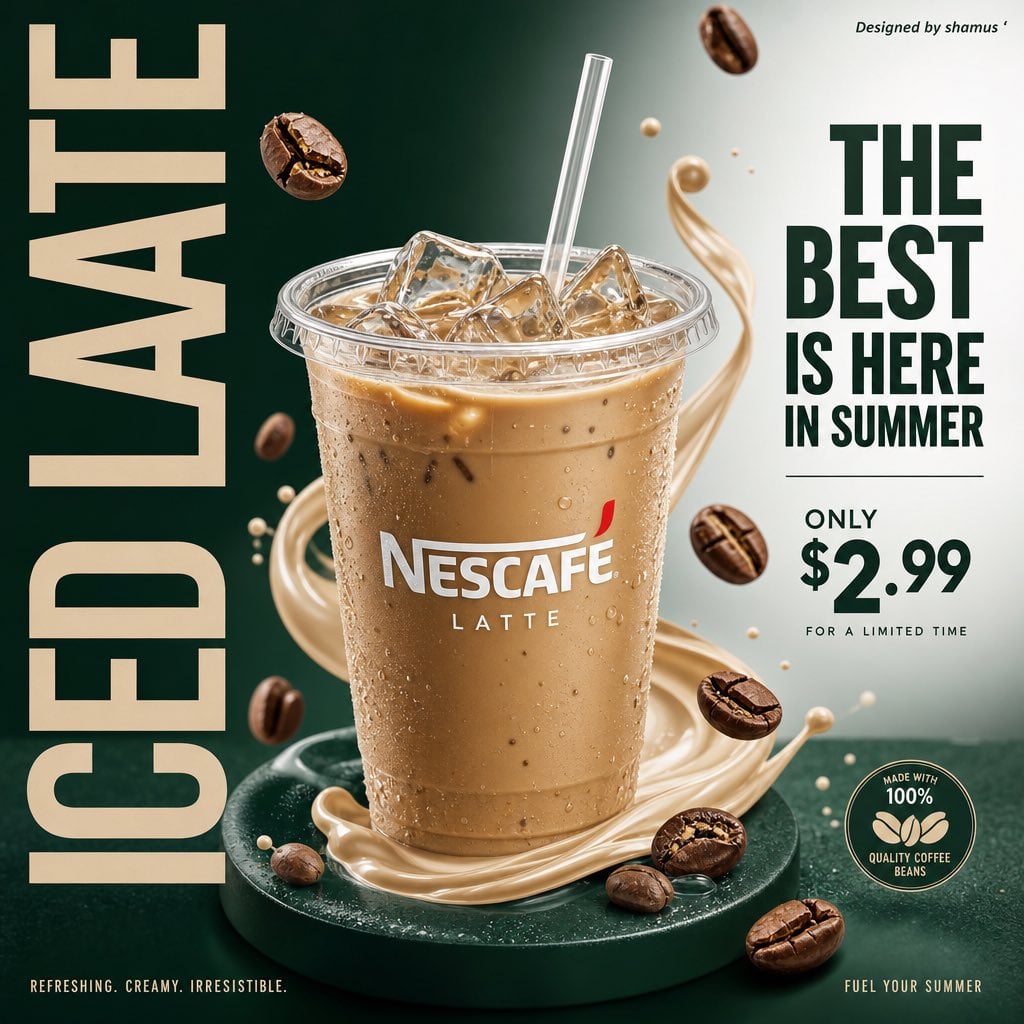 A modern commercial poster design for an iced NESCAFE latte. Centered clear plastic cup filled with creamy li…