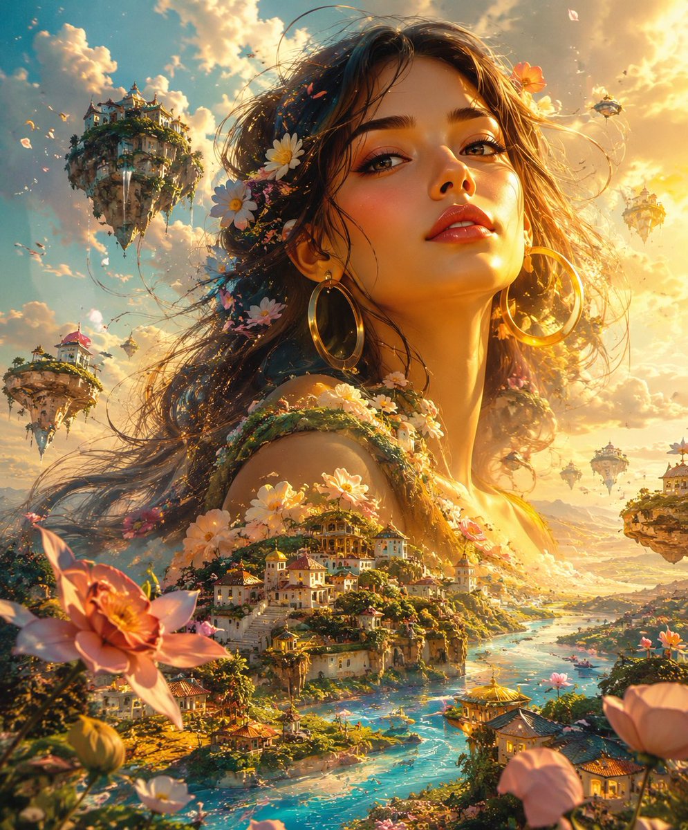 A giant ethereal woman with glowing skin, glossy lips, dark eyes, and…