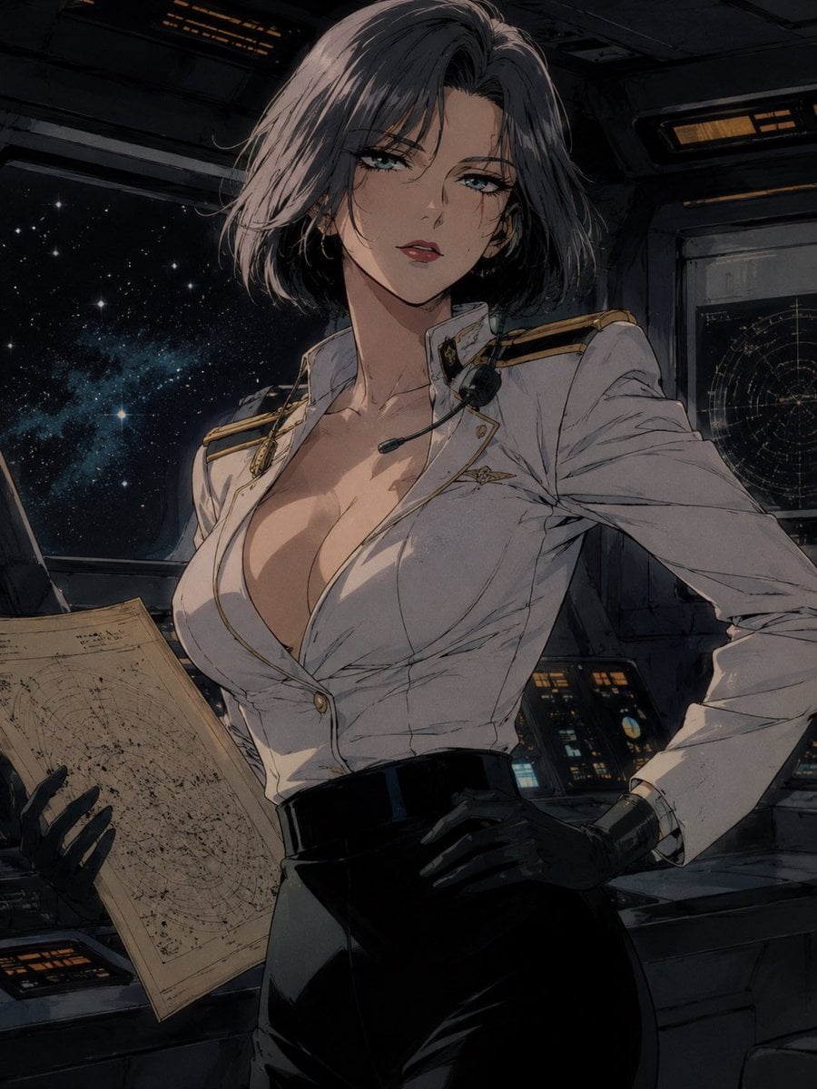 A beautiful adult woman, age 30, with retro space captain energy, sho…