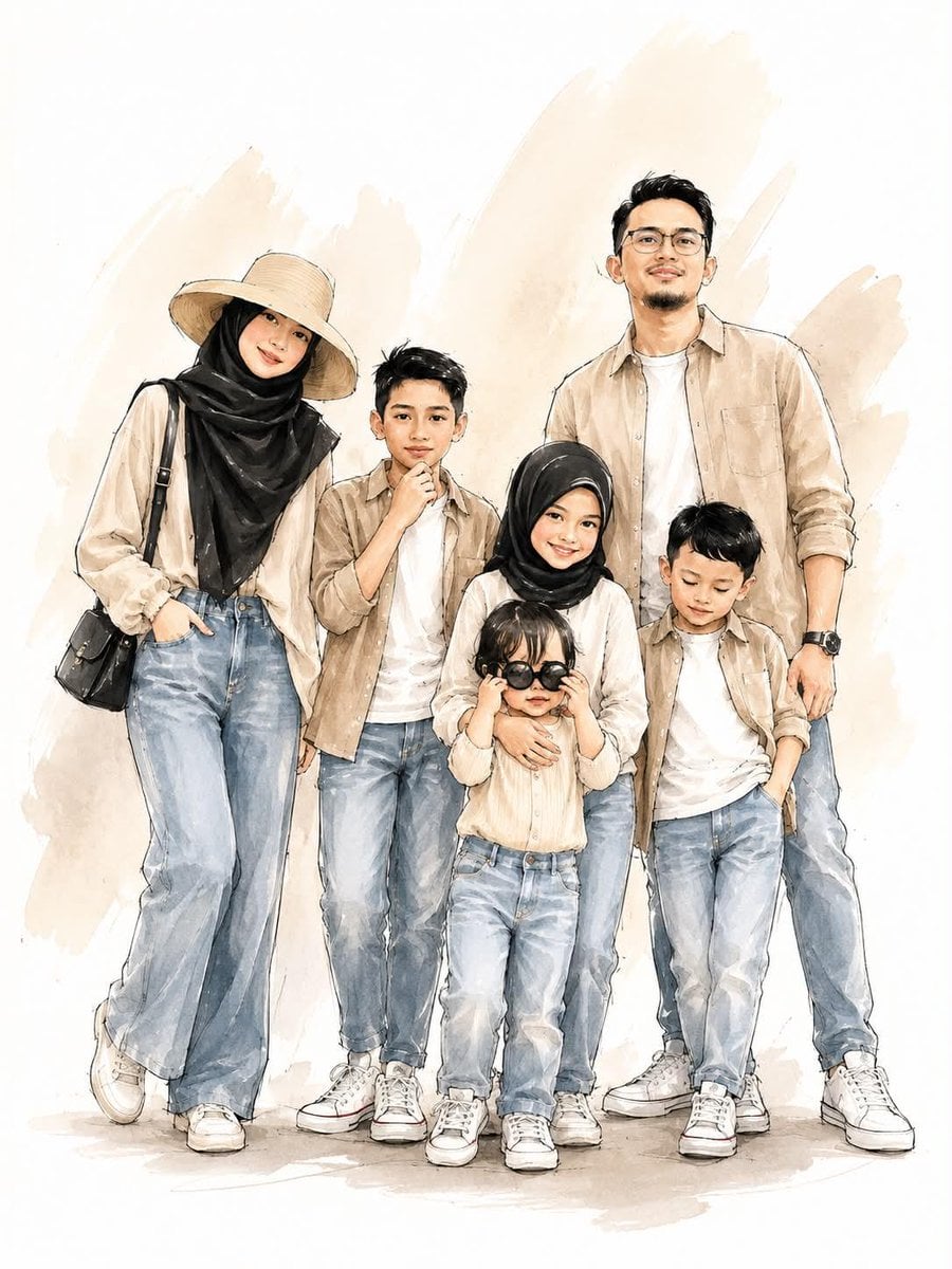 A stylish family standing together, digital watercolor and ink sketch…