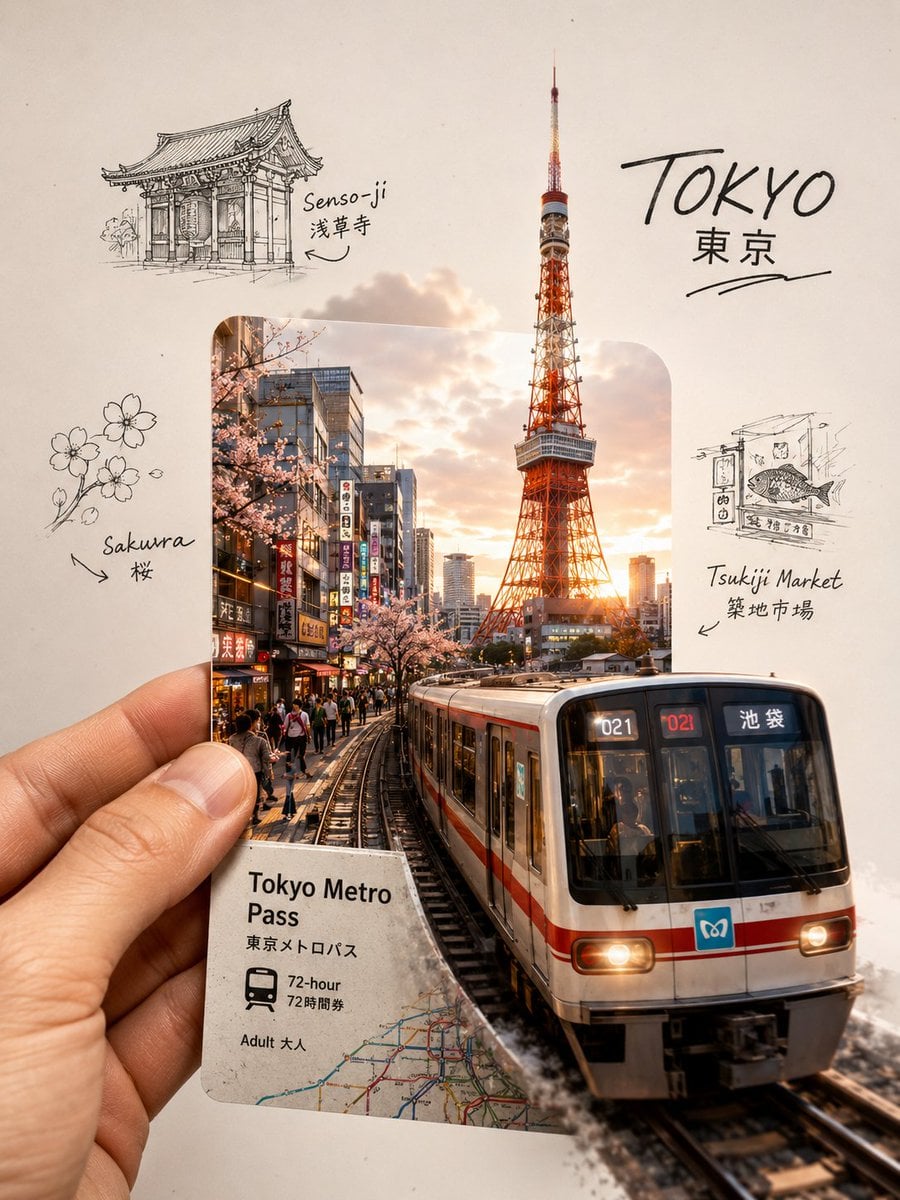 A highly aesthetic travel-journal collage of Tokyo, Japan, designed i…