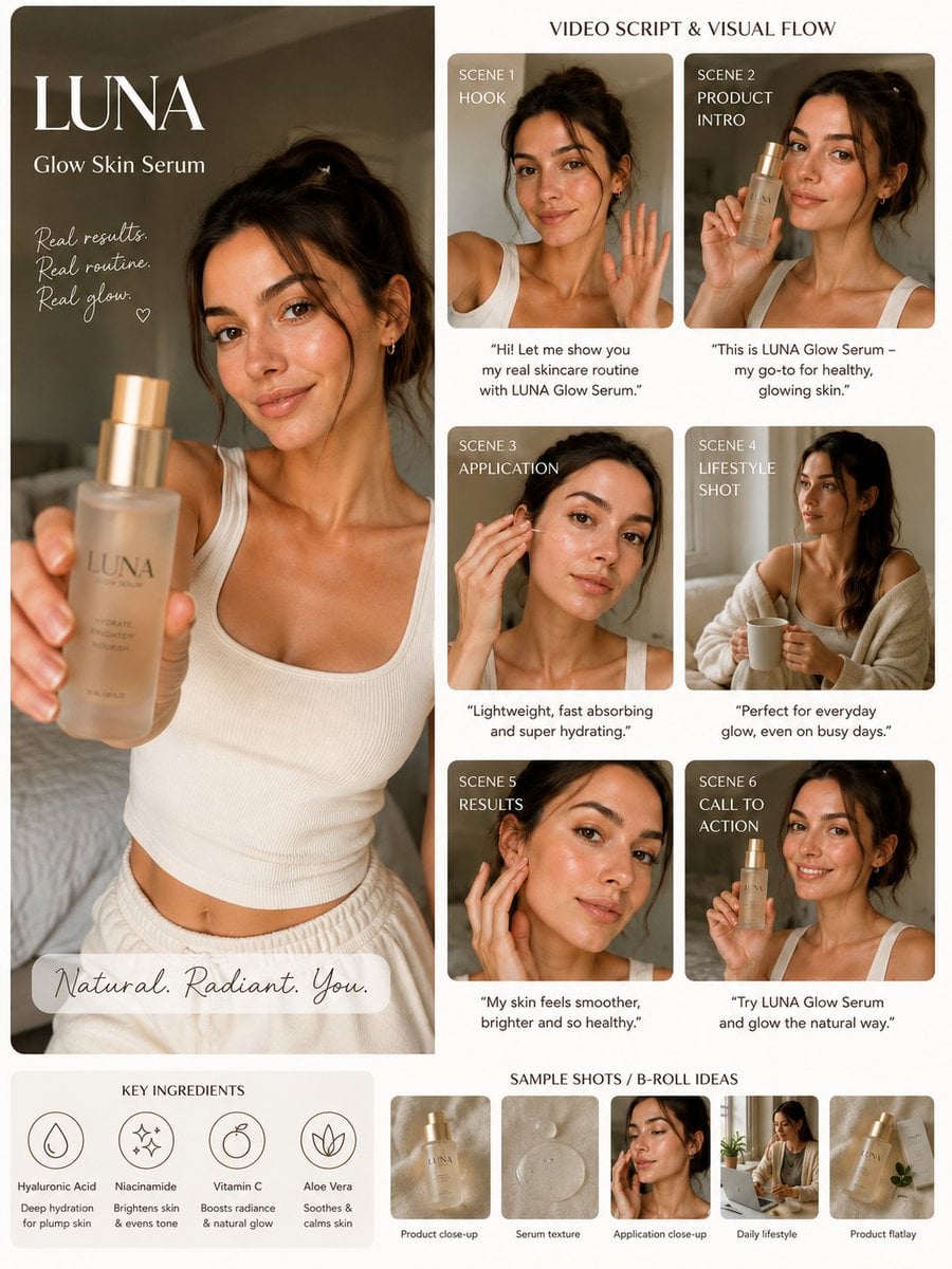 (Luxury AI UGC skincare campaign board), warm beige aesthetic, beauti…