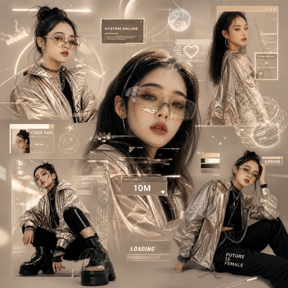 Create a futuristic Gen-Z fashion collage inspired by digital influen…