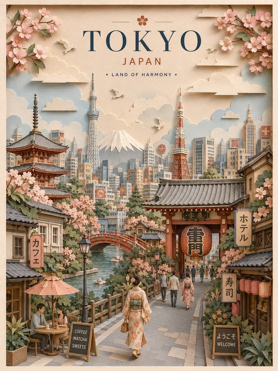Create a highly detailed vertical travel poster in an elegant 3D laye…