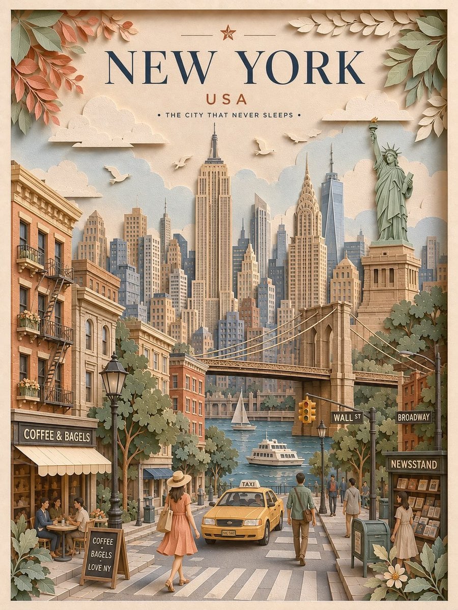 Create a highly detailed vertical travel poster in an elegant 3D laye…