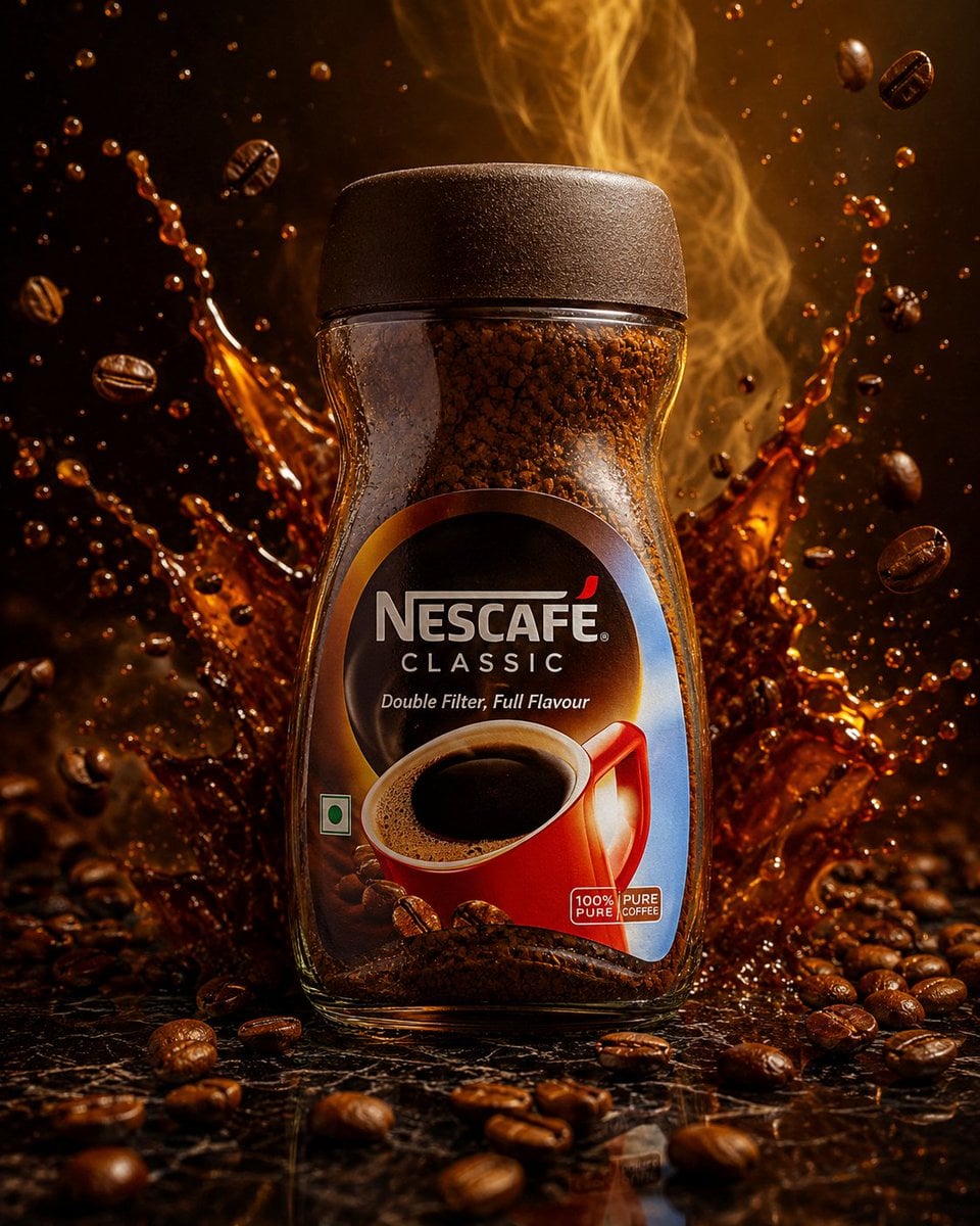 Ultra premium Nescafé coffee jar standing on a polished black marble platform, surrounded by swirling roasted…