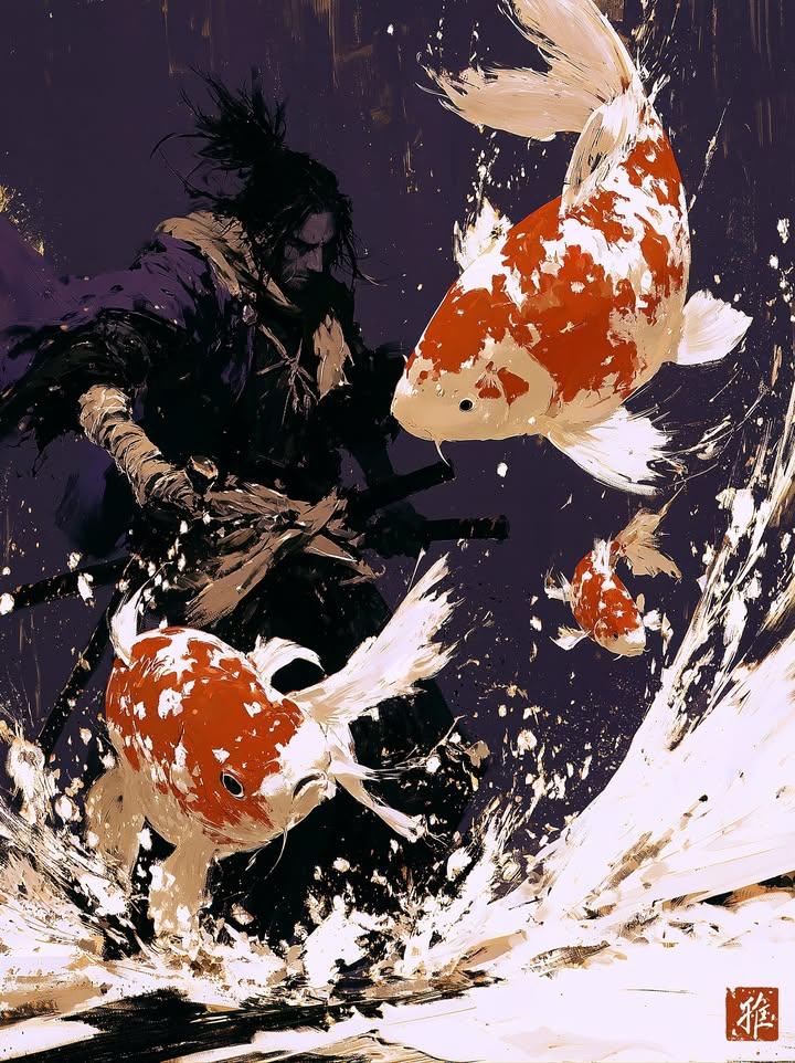 Dark ink wash painting, lone samurai warrior holding katana, wearing traditional black kimono and hakama, mes…