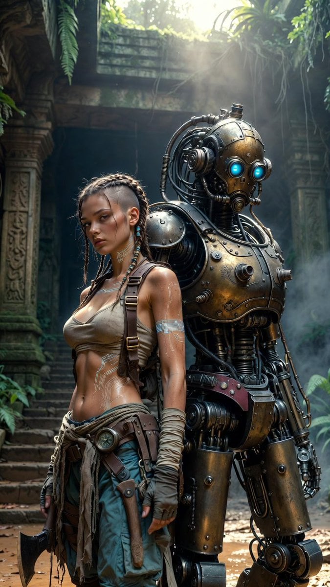 Ultra-photorealistic cinematic sci-fi still. A female adventurer with…