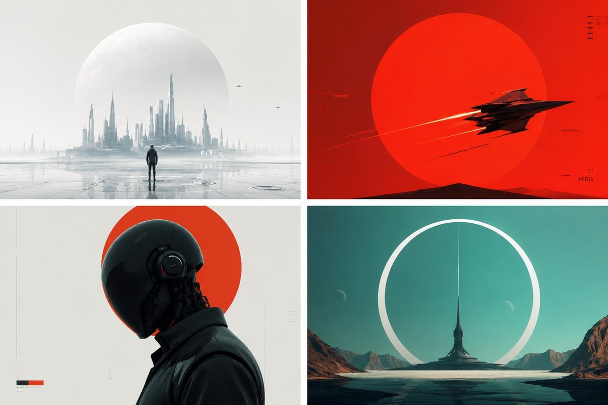 This prompt generates highly stylized, minimalist representations of futuristic subjects, focusing on bold co…