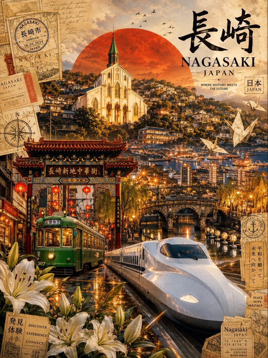 Ultra-viral cinematic travel poster of Nagasaki, Japan, designed for…