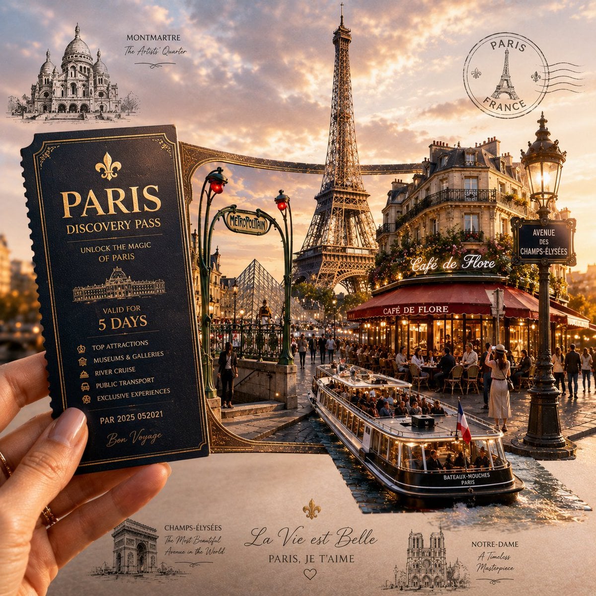 Create a highly detailed, premium travel-art illustration featuring a hand holding a [CITY-SPECIFIC TICKET/PA…