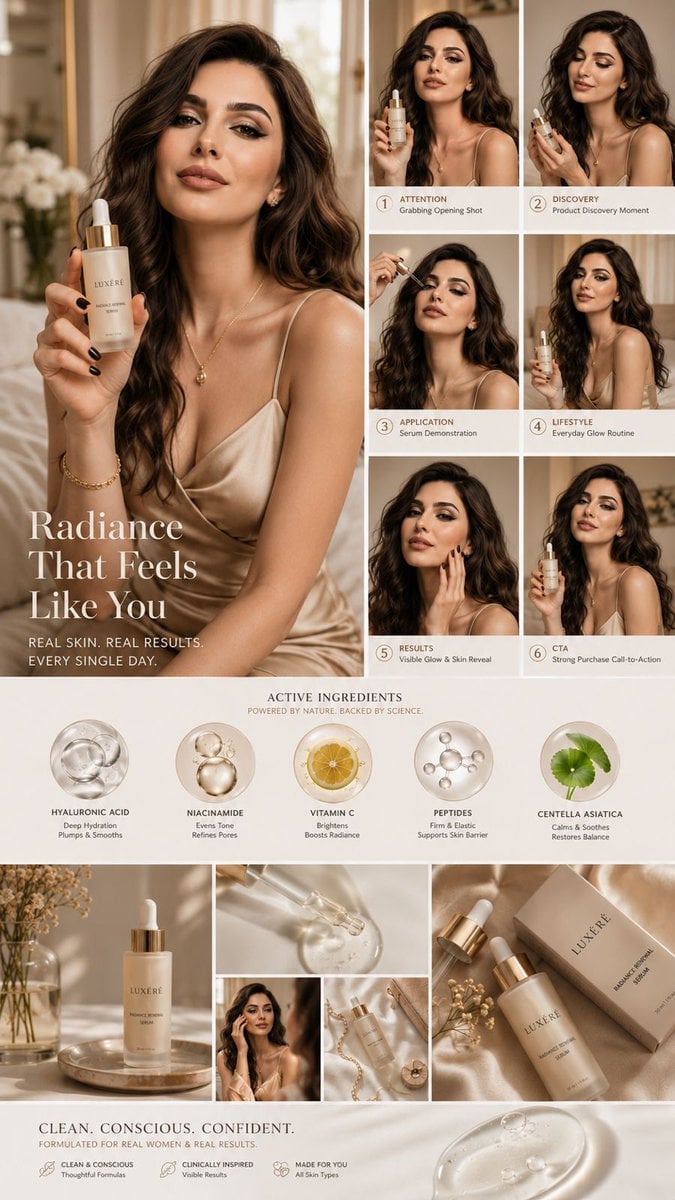 Luxury skincare UGC campaign mood board, designed around the same you…