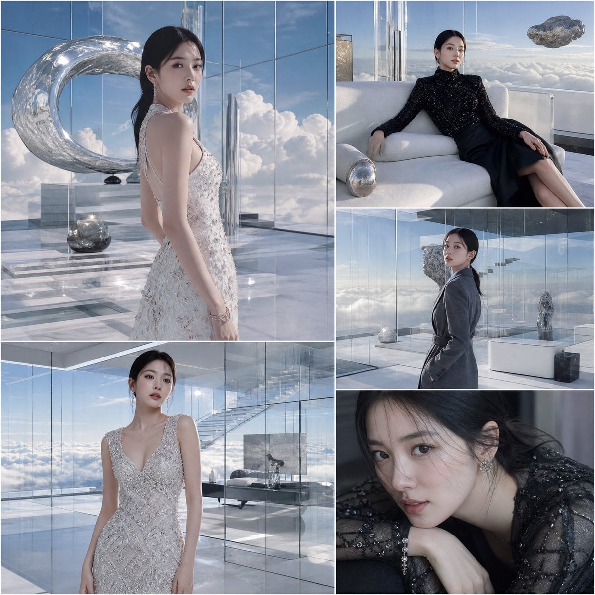 A luxury fashion collage featuring a stylish Korean female celebrity inside a fully transparent architectural…
