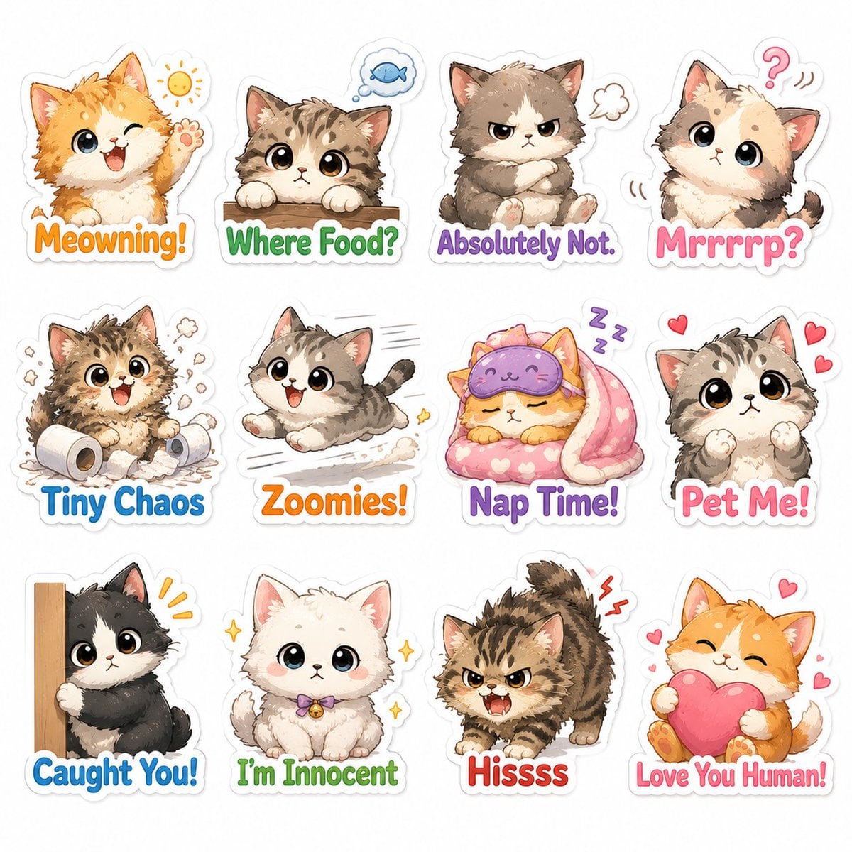 Cute illustrated chibi cat sticker-pack, fluffy kitten design, expres…