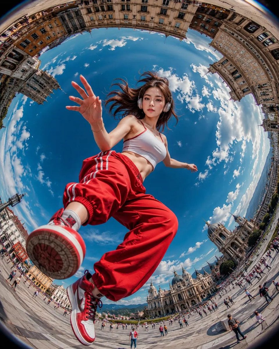 Ultra-realistic action photography, extreme fisheye lens (8mm), worm’…